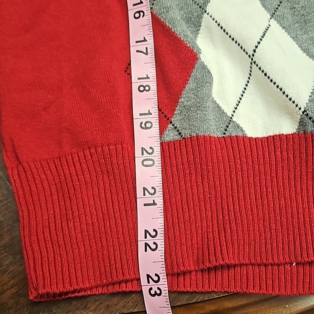 St John Bay Argyle V Neck Sweater Red Grey White Med NWT Cotton - Picture 10 of 11